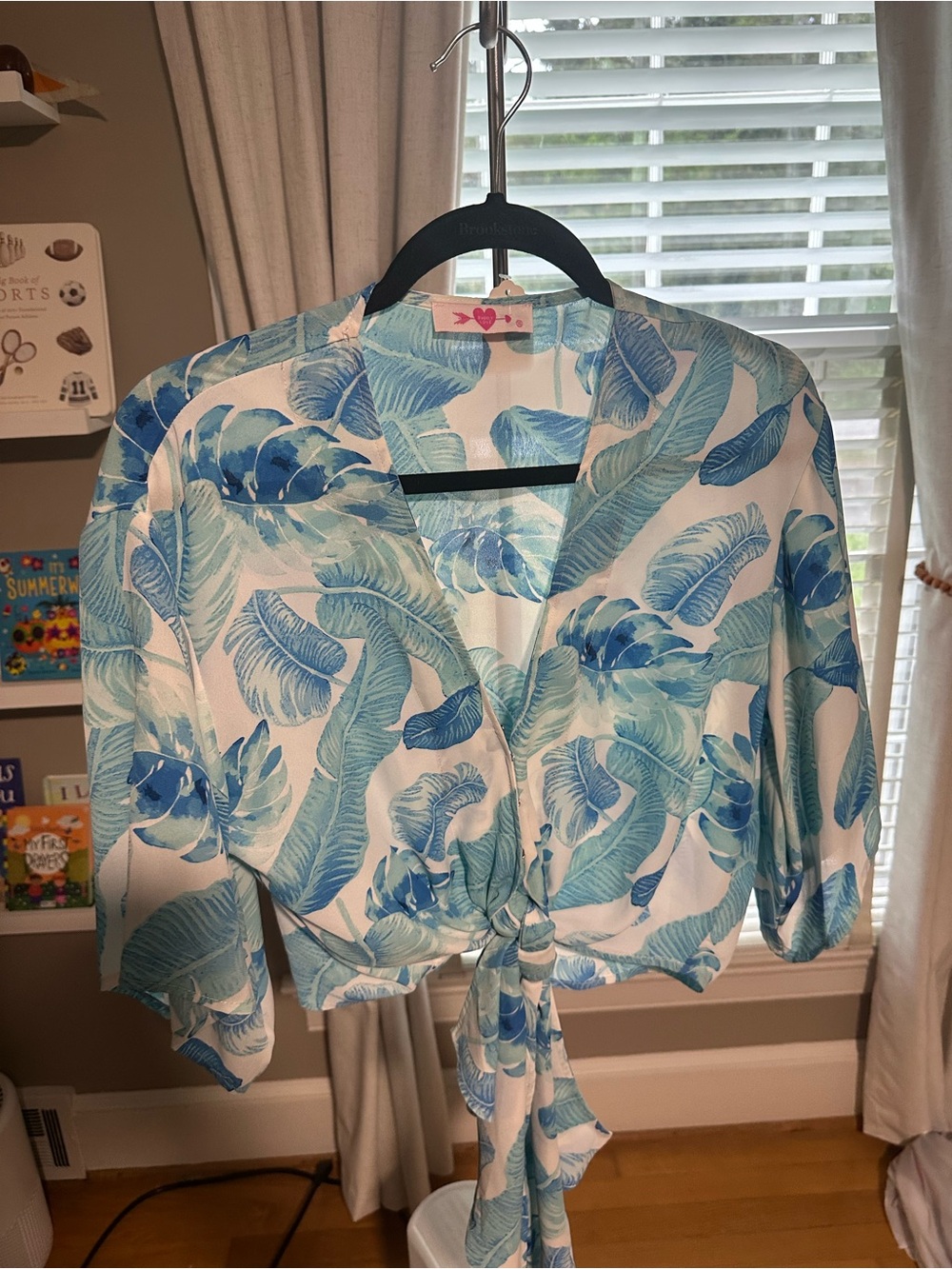Buddy Love Blue and White Tropical Leaf Tie-Front Top
